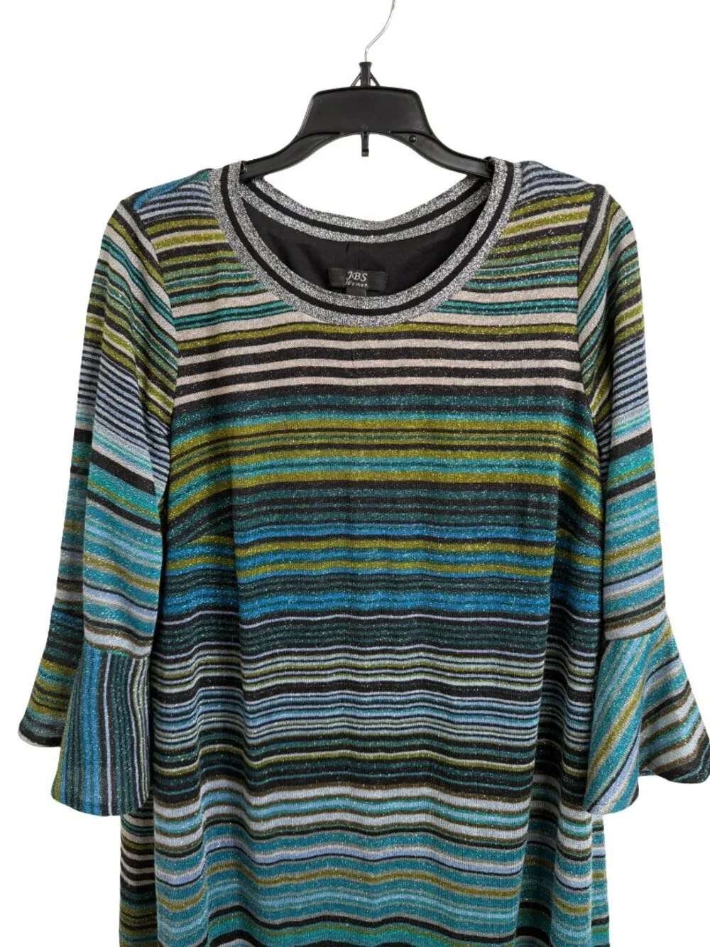 JBS Women Knit Dress 1X Metallic Blue Stripe Bell Sleeve Business Casual